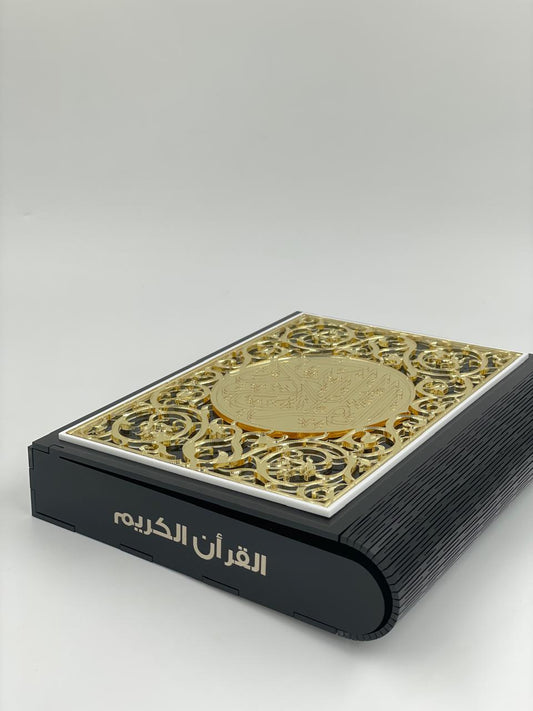 Luxury Quran Box – Black & Gold Acrylic with Ornate Design