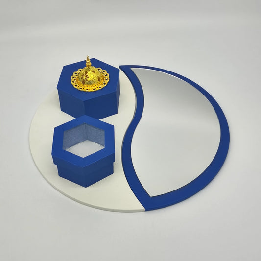 Blue & Gold Acrylic Madkhan Set with Decorative Tray – Islamic Geometric Design