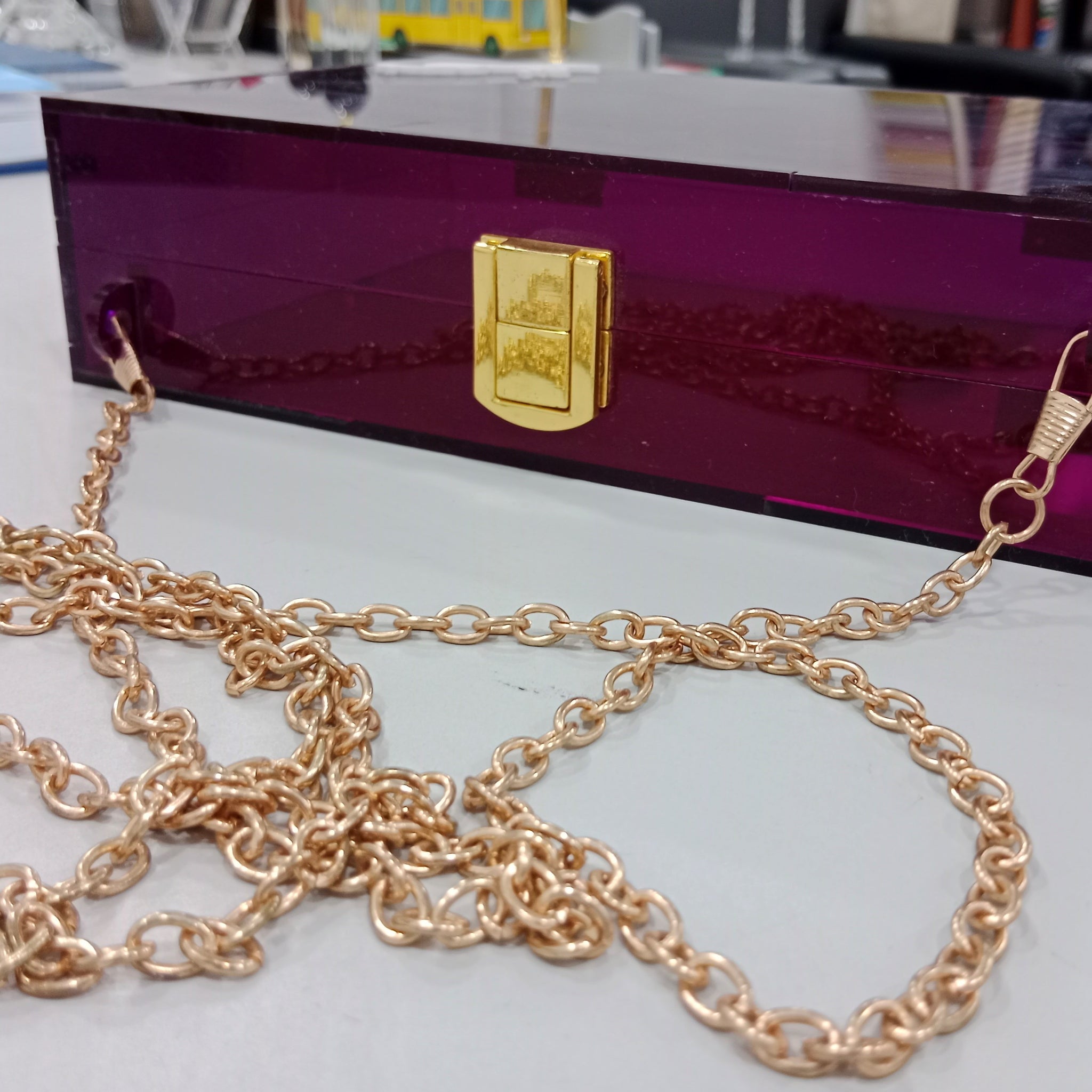 Luxury Acrylic Clutch Box – Deep Purple with Gold Chain and Lock