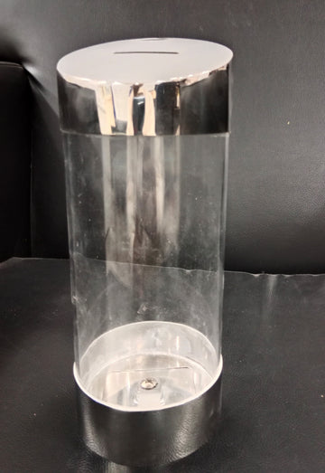Round Acrylic Donation Box with Silver Finish – Lockable Design