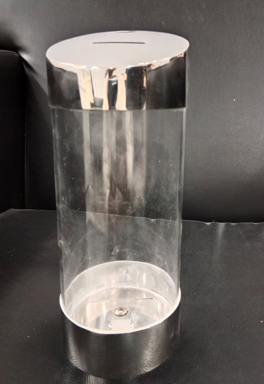 Round Acrylic Donation Box with Silver Finish – Lockable Design